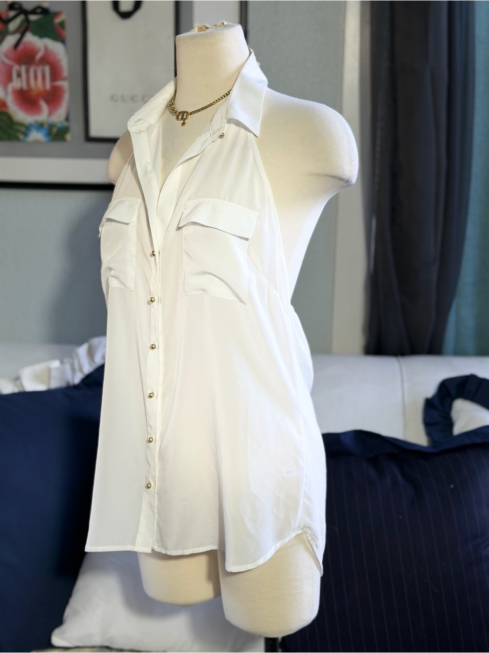 Sleeveless Button-Front White Blouse - Women's Top